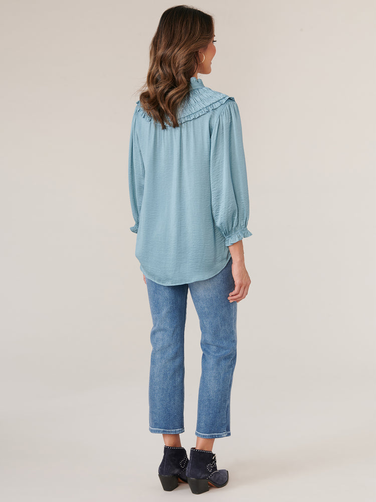 
            
                Load image into Gallery viewer, Ocean Teal Three Quarter Blouson Sleeve Ruffle Edge V-Neck Ruched Yoke Button Down Lace Placket Woven Top 
            
        