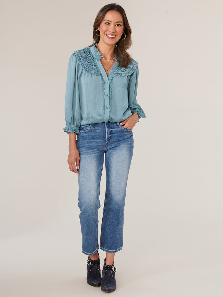 
            
                Load image into Gallery viewer, Ocean Teal Petite Three Quarter Blouson Sleeve Ruffle Edge V-Neck Ruched Yoke Button Down Lace Placket Woven Top 
            
        