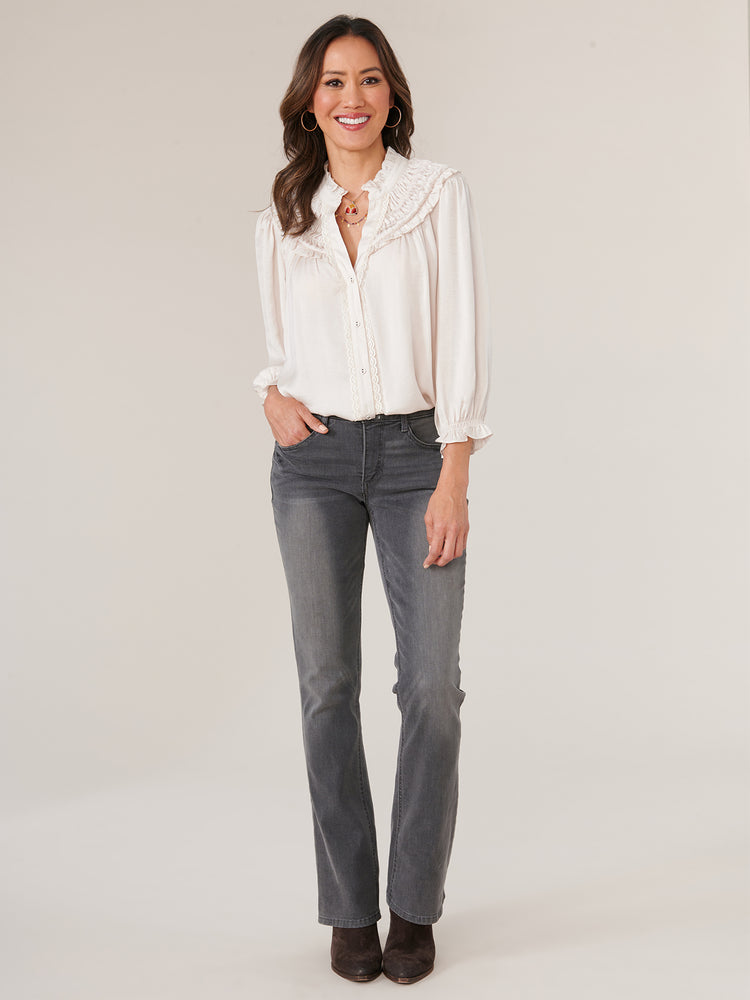 
            
                Load image into Gallery viewer, Shell Three Quarter Blouson Sleeve Ruffle Edge V-Neck Ruched Yoke Button Down Lace Placket Woven Top 
            
        