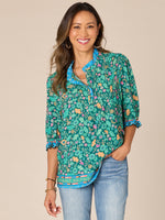 Emerald Teal Floral Elbow Cinched Scallop Edge Ruffle Sleeve Pintuck Front Half Button Down Placket High Round Neck Floral Print Woven Top