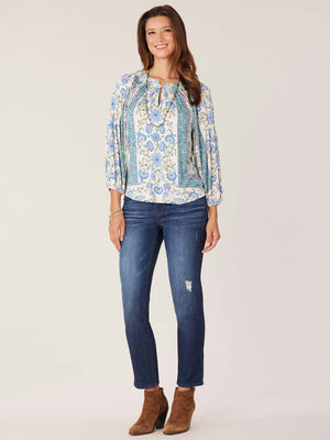 
            
                Load image into Gallery viewer, Blue Green Three Quarter Blouson Sleeve Split Neck Floral Printed Knit Top
            
        