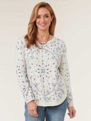Beige Navy Paisley Long Sleeve Boatneck Rounded Shirtail Hem Printed Knit Top