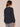 Heather Navy Long Smocked Blouson Raglan Sleeve Crimped Shoulder Detail Metallic Contrast Half V-Placket Mandarin Collar Mixed Media Knit Top 