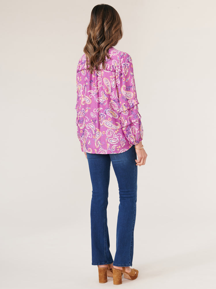 
            
                Load image into Gallery viewer, Deep Plum Multi Long Banded Double Ruffle Blouson Sleeve Half Button Placket Stand Collar Paisley Print Woven Top
            
        
