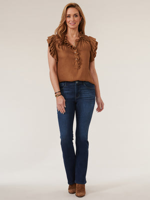 
            
                Load image into Gallery viewer, Toasted Acorn Double Ruffle Short Sleeve Half Placket Woven Top
            
        