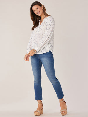 
            
                Load image into Gallery viewer, Off White Coastal Blue Long Blouson Inset Sleeve Half Cascade Ruffle Button Down High Round Neck Printed Woven Top
            
        
