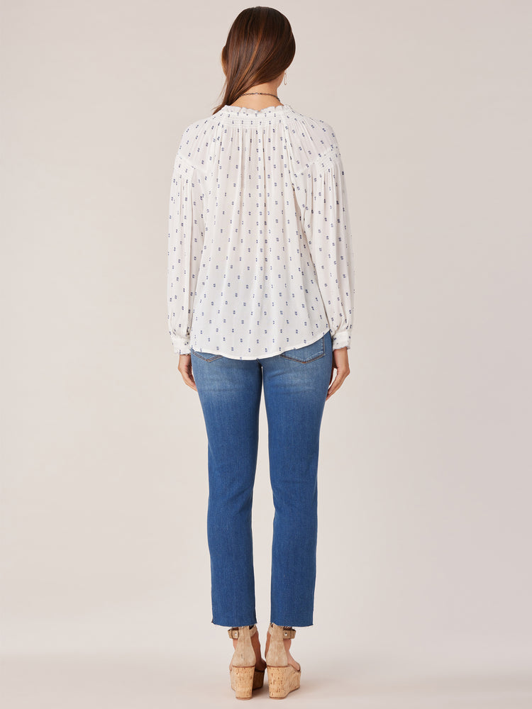 
            
                Load image into Gallery viewer, Off White Coastal Blue Long Blouson Inset Sleeve Half Cascade Ruffle Button Down High Round Neck Printed Woven Top
            
        