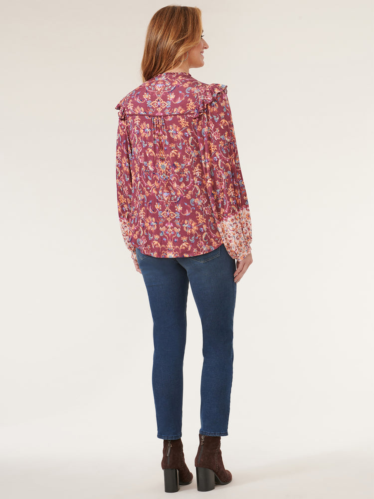Berry Floral Multi Long Blouson Sleeve Ruffle Collar Print Knit Top