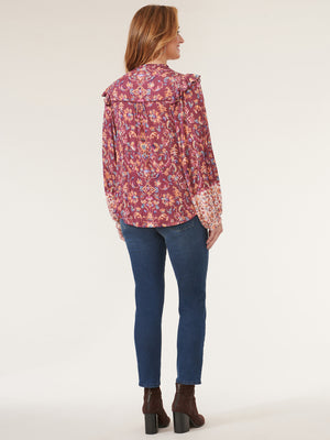 Berry Floral Multi Long Blouson Sleeve Ruffle Collar Print Knit Petite Top