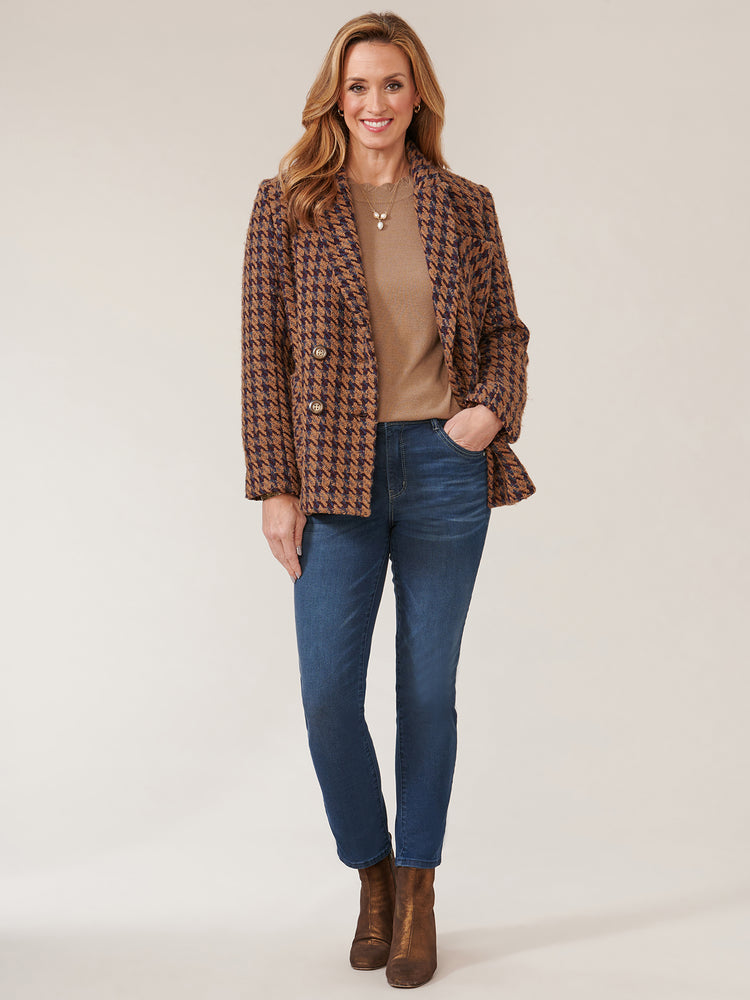 Multi Wheat Plaid Long Sleeve Patch Pocket Double Breasted Blazer