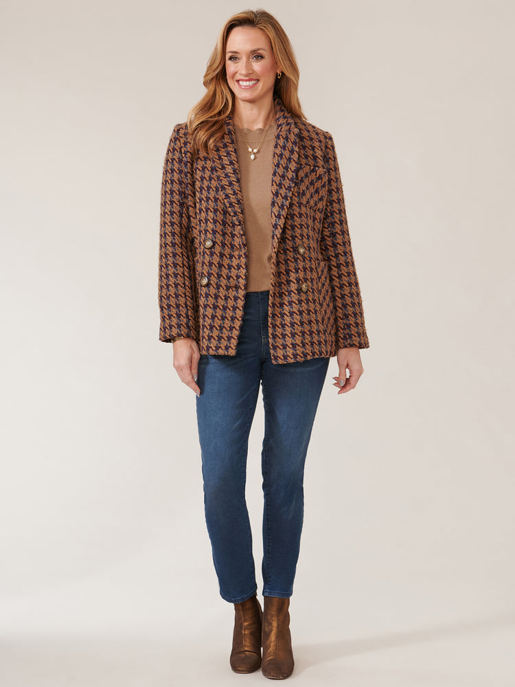 Multi Wheat Plaid Long Sleeve Patch Pocket Double Breasted Blazer