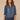 Mid Blue Below Elbow Cinched Band Puff Sleeve Lace Stand Collar V-Neck Crochet Inset Button Down Placket Shirttail Hem Petite Woven Top