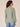 Sea Mist Long Puff Sleeve Cinched Ruffle Edge Front Center Seam Ladder Crochet Detail Crew Neck Knit Top