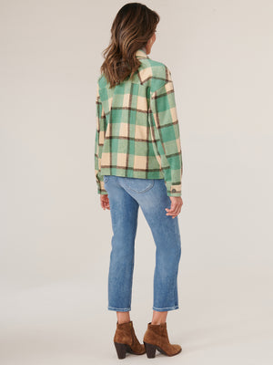 Green Multi Plaid Long Sleeve Snap Front Patch Pocket Crop Shacket