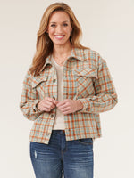 Jade Garden Spice Plaid Long Sleeve Snap Front Patch Pocket Crop Shacket