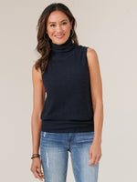 Heather Carbon Blue Sleeveless Side Ruching Turtleneck Knit Top