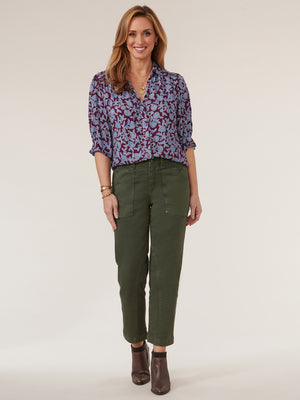 
            
                Load image into Gallery viewer, Blue Purple Multi Floral Below Elbow Cinched Sleeve Button Down Petite Printed Woven Top
            
        