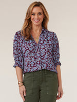 Blue Purple Multi Floral Below Elbow Cinched Sleeve Button Down Petite Printed Woven Top