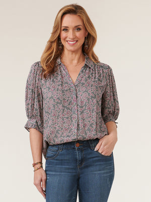 Desert Cactus Multi Floral Below Elbow Cinched Sleeve Button Down Petite Printed Woven Top