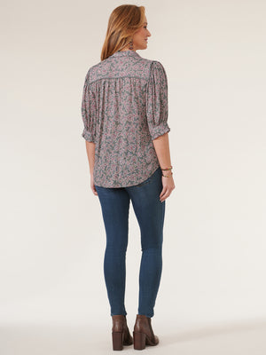 Desert Cactus Multi Floral Below Elbow Cinched Sleeve Button Down Petite Printed Woven Top
