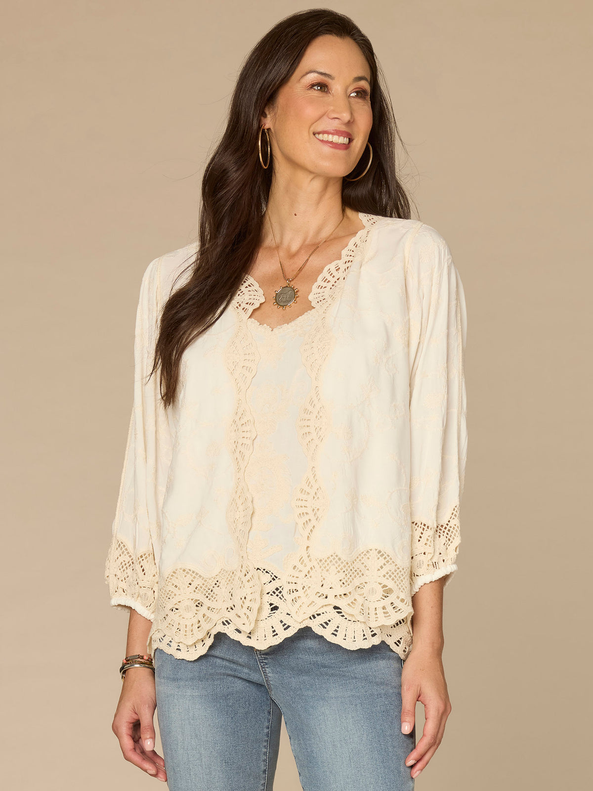 Three Quarter Blouson Sleeve Open Front Crochet Cropped Woven Jacket