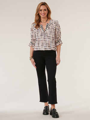 
            
                Load image into Gallery viewer, Natural Multi Smocked Three Quarter Flounce Sleeve Embroidered Placket Petite Woven Top
            
        