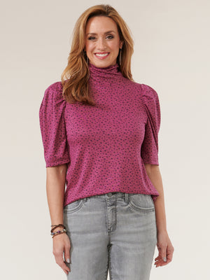 
            
                Load image into Gallery viewer, Deep Berry Dotimal Elbow Puff Sleeve Printed Turtleneck Knit Top
            
        
