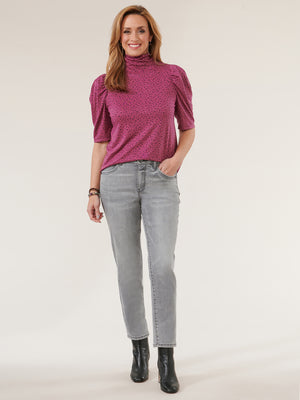 
            
                Load image into Gallery viewer, Deep Berry Dotimal Elbow Puff Sleeve Printed Turtleneck Knit Top
            
        