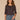 Dark Licorice Elbow Roll Cuff Sleeve Scoop Neck Half Crochet Button Placket Surplus Shirttail Hem Petite Knit Top