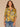 Chartreuse Multi Cinched Drop Shoulder Ruffle Edge Elbow Sleeve Encased Elastic V-Neck Button Down Front Hi-Low Hem Abstract Floral Print Woven Top