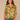 Chartreuse Multi Cinched Drop Shoulder Ruffle Edge Elbow Sleeve Encased Elastic V-Neck Button Down Front Hi-Low Hem Abstract Floral Print Petite Woven Top