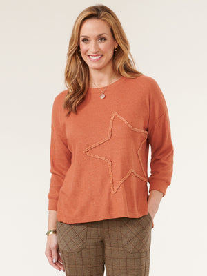Ginger Spice Three Quarter Sleeve Boat Neck Embroidered Knit Top