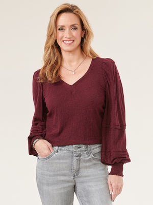 
            
                Load image into Gallery viewer, Heather Wineberry Long Blouson Sleeve Sweetheart Neck Knit Top
            
        
