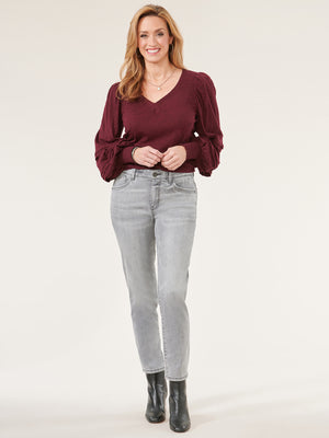 
            
                Load image into Gallery viewer, Heather Wineberry Long Blouson Sleeve Sweetheart Neck Knit Petite Top
            
        
