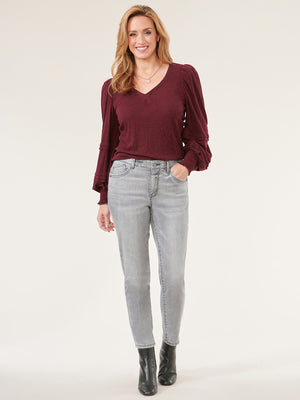 
            
                Load image into Gallery viewer, Heather Wineberry Long Blouson Sleeve Sweetheart Neck Knit Top
            
        