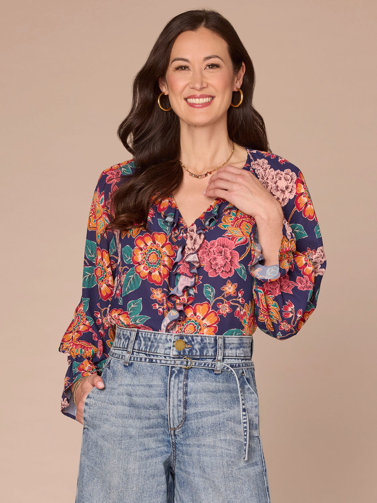 Long Flounce Sleeve V Neck Ruffle Placket Printed Petite Woven Top