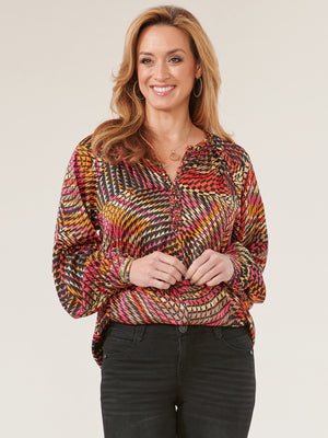 Black Red Multi Long Sleeve Ruffle Edged Braided V-Notch Neck Abstract Print Woven Top