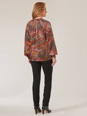 Black Red Multi Long Sleeve Ruffle Edged Braided V-Notch Neck Abstract Print Woven Top