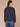 Heather Carbon Blue Long Banded Dolman Blouson Sleeve Scoop Neck Embroidered Pearl U-Yoke Uneven Hem Mixed Media Knit Top
