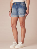 Mid Blue Denim Absolution High Rise 3.5 Inseam Angled Front Pocket Fixed Cuff Hem Petite Short