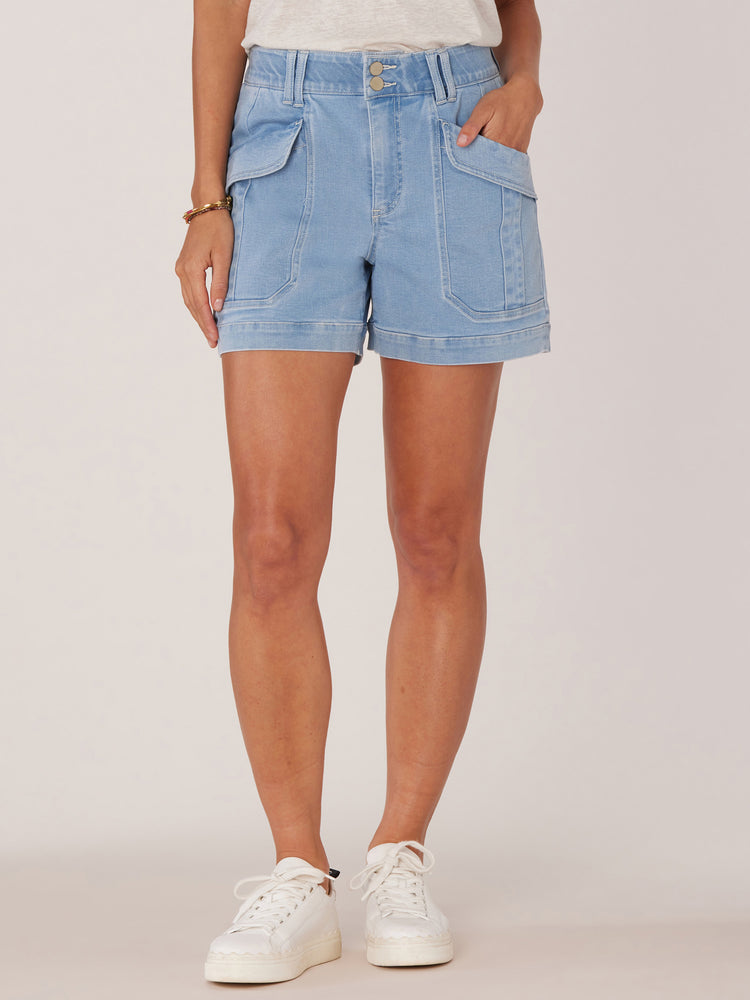 Light Blue Denim Absolution High Rise 4.5 Inseam Novelty Flap Front Pocket Seaming Detail Double Button Utility Short