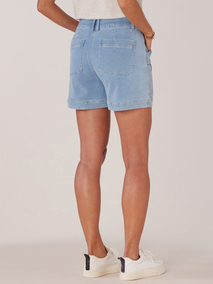 
            
                Load image into Gallery viewer, Light Blue Denim Absolution High Rise 4.5 Inseam Novelty Flap Front Pocket Seaming Detail Double Button Utility Short
            
        