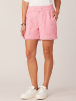 Paradise Pink Tweed Skyrise 4.5 Inch Inseam Double Button Extended Tab Pleated Fray Hem Short