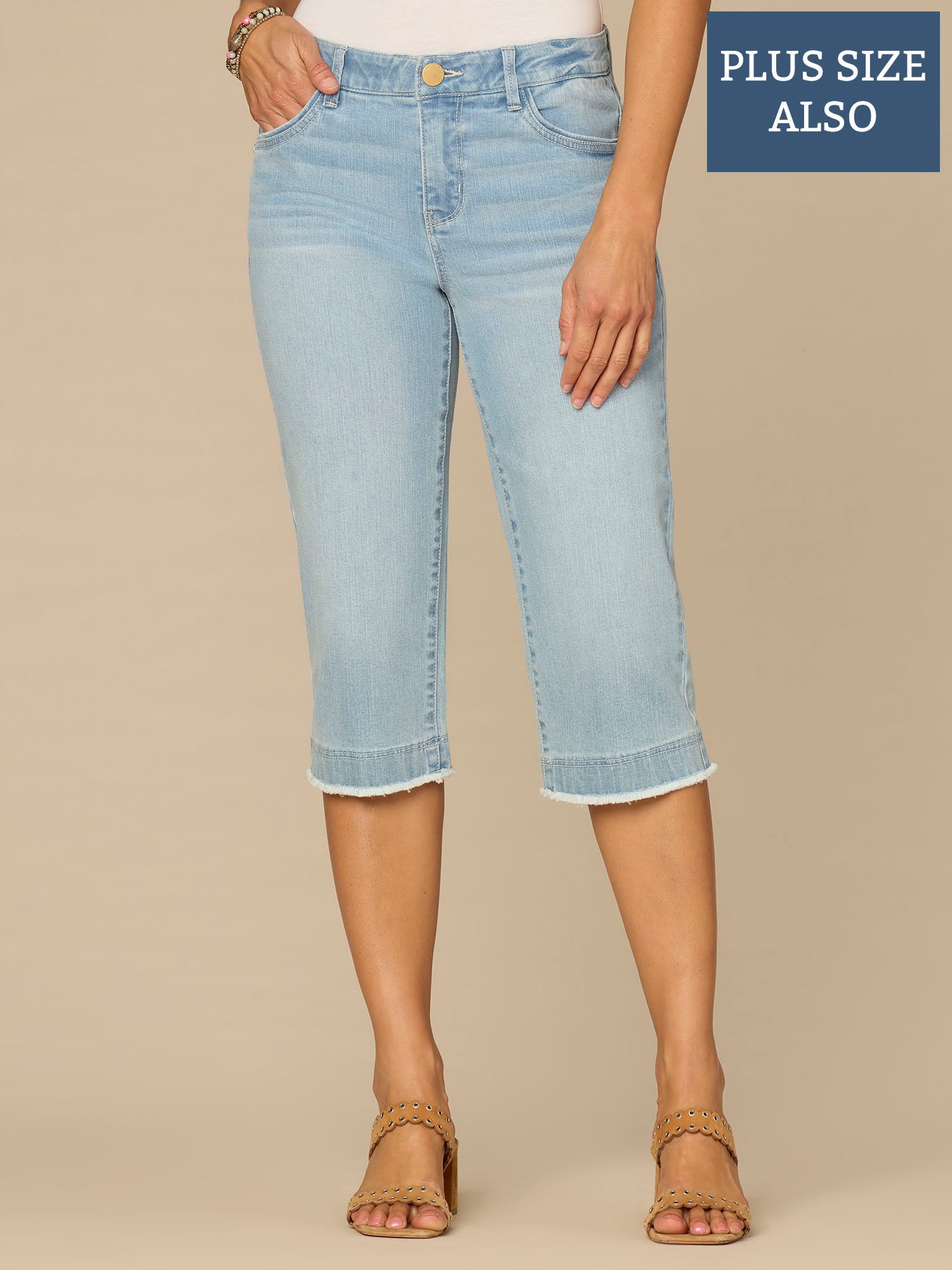 Powder Blue Jean “Ab”solution® Mid-Rise Powder Blue Fray Hem Plus Size Skimmer Jeans ...