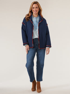 
            
                Load image into Gallery viewer, Midnight Blue Long Sleeve Funnel Neck Quilted Embroidered Edge Jacket
            
        