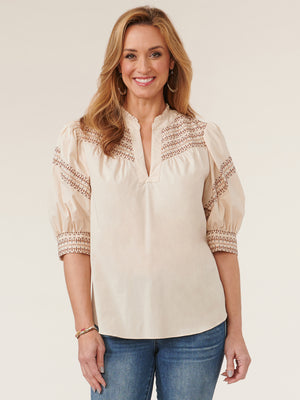 Below Elbow Puff Sleeve Split Neck Embroidered Cotton Cream Woven Top