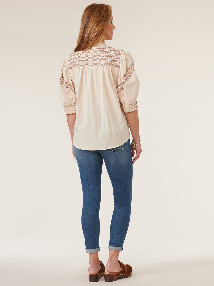 Below Elbow Puff Sleeve Split Neck Embroidered Cotton Cream Woven Top