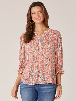 
            
                Load image into Gallery viewer, Papaya Punch Ecru Multi Elbow Lantern Sleeve Pintuck Front Floral Print Woven Top
            
        