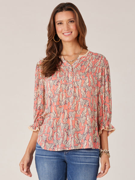 Elbow Lantern Sleeve Pintuck Front Floral Print Woven Top 