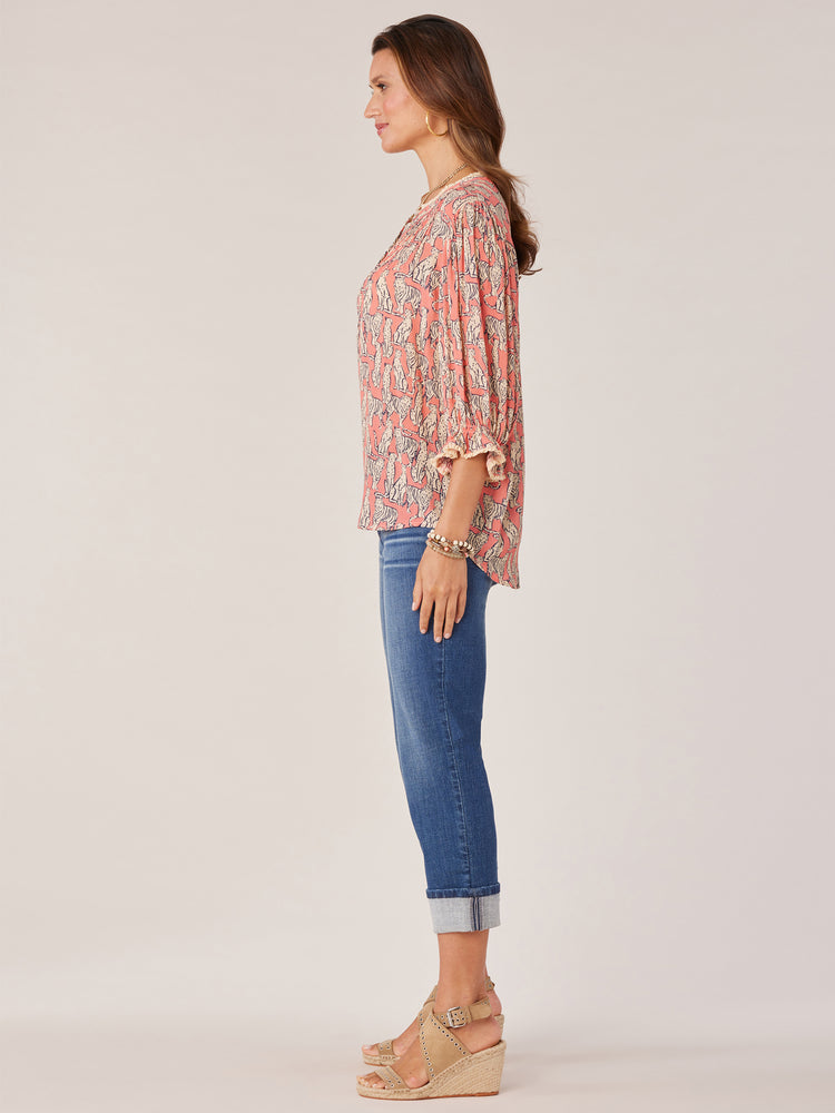 
            
                Load image into Gallery viewer, Papaya Punch Ecru Multi Elbow Lantern Sleeve Half Placket Pintuck Front Stand Collar Neck Floral Printed Petite Woven Top
            
        